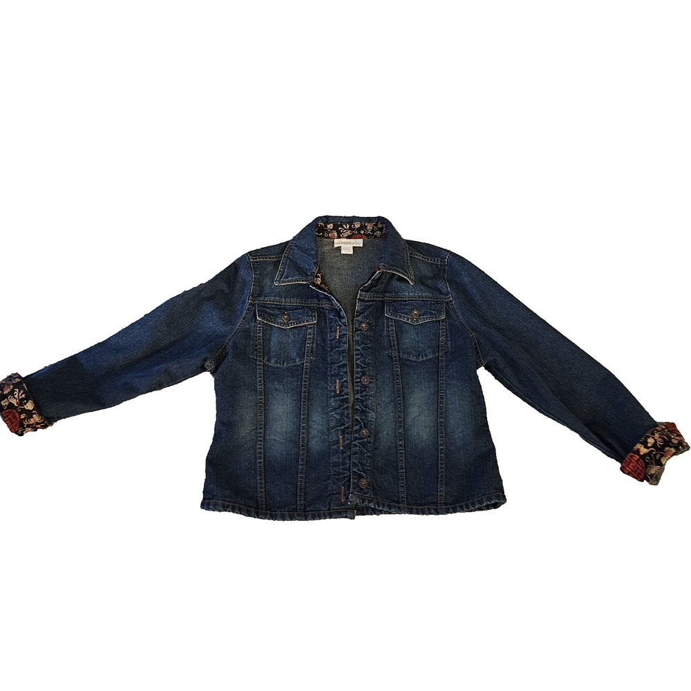 DANIEL K NY DENIM JACKET Cropped TAPESTRY Trim Metal Button Grunge Boho L